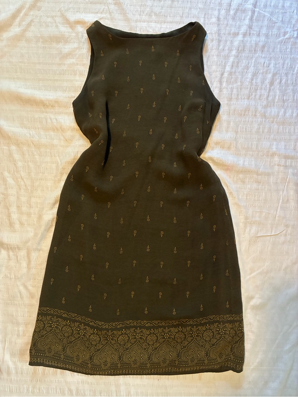 Hillard & Hanson Olive Green Gold Print Sleeveless Midi Dress Size 8